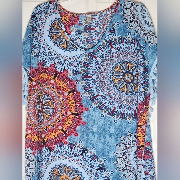 Yincro 8 Blue Multicolored Mandala Print Coverup Swimsuit V-neck Women's Top - Picture 3 of 10